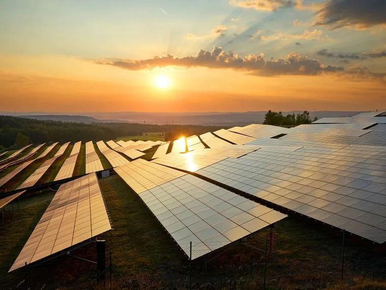 Solar farm at sunset